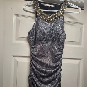 Metallic Halter Gown with Embellished Neckline